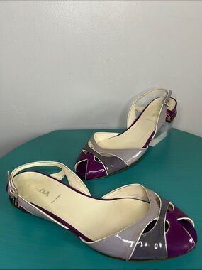 Prada Shades of Purple Gray Glossy Patent Leather Peep Toe Slingback Flat Sandal